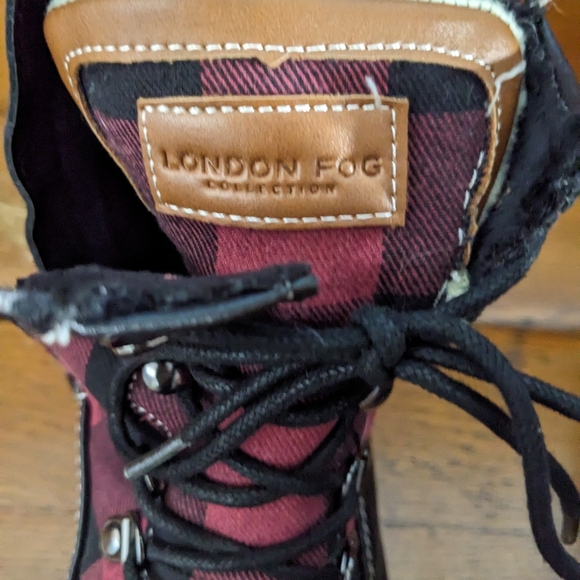 London Fog Black/Maroon Plaid Ankle Boots sz 8 Zip & Tie So Cute Very Good Cond! - Picture 6 of 11